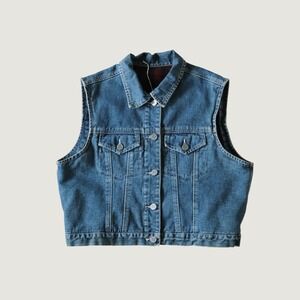 New York Line‎ Denim Vest Womens Blue Plaid Fleece Reversible Vintage XL Cropped